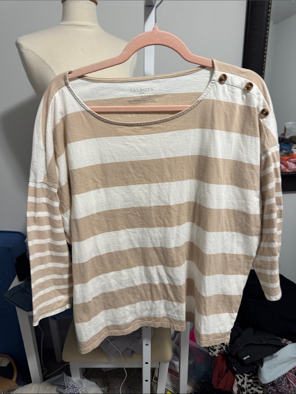Talbots Beige and White Striped Button-Shoulder Tunic